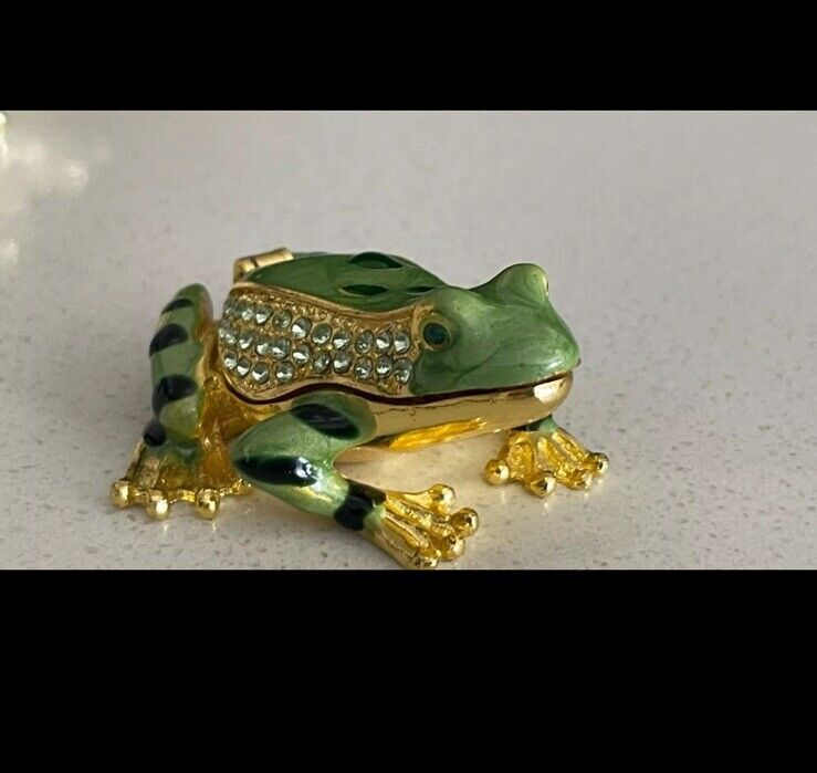 Bejeweled Frog  Hinged Metal Enameled Rhinestone Trinket Box