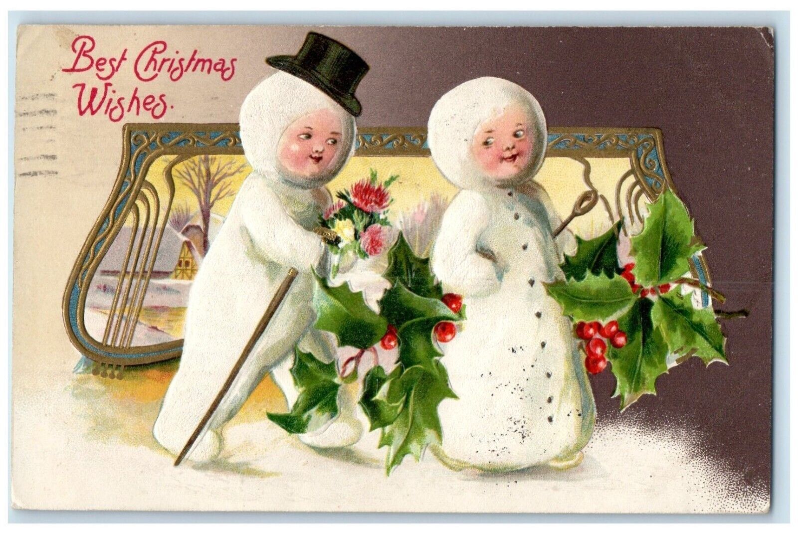 1909 Christmas Children With Flowers And Berries Winsch Back Embossed Postcard