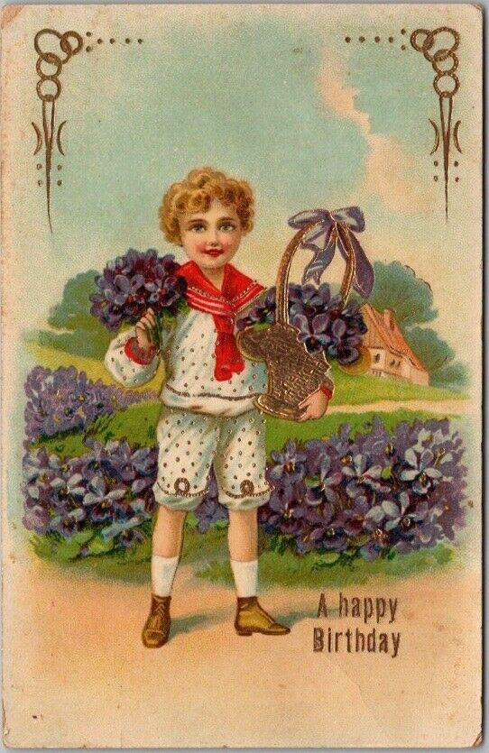 c1910s HAPPY BIRTHDAY Embossed Gel Postcard Boy w/ Basket of Purple Flowers