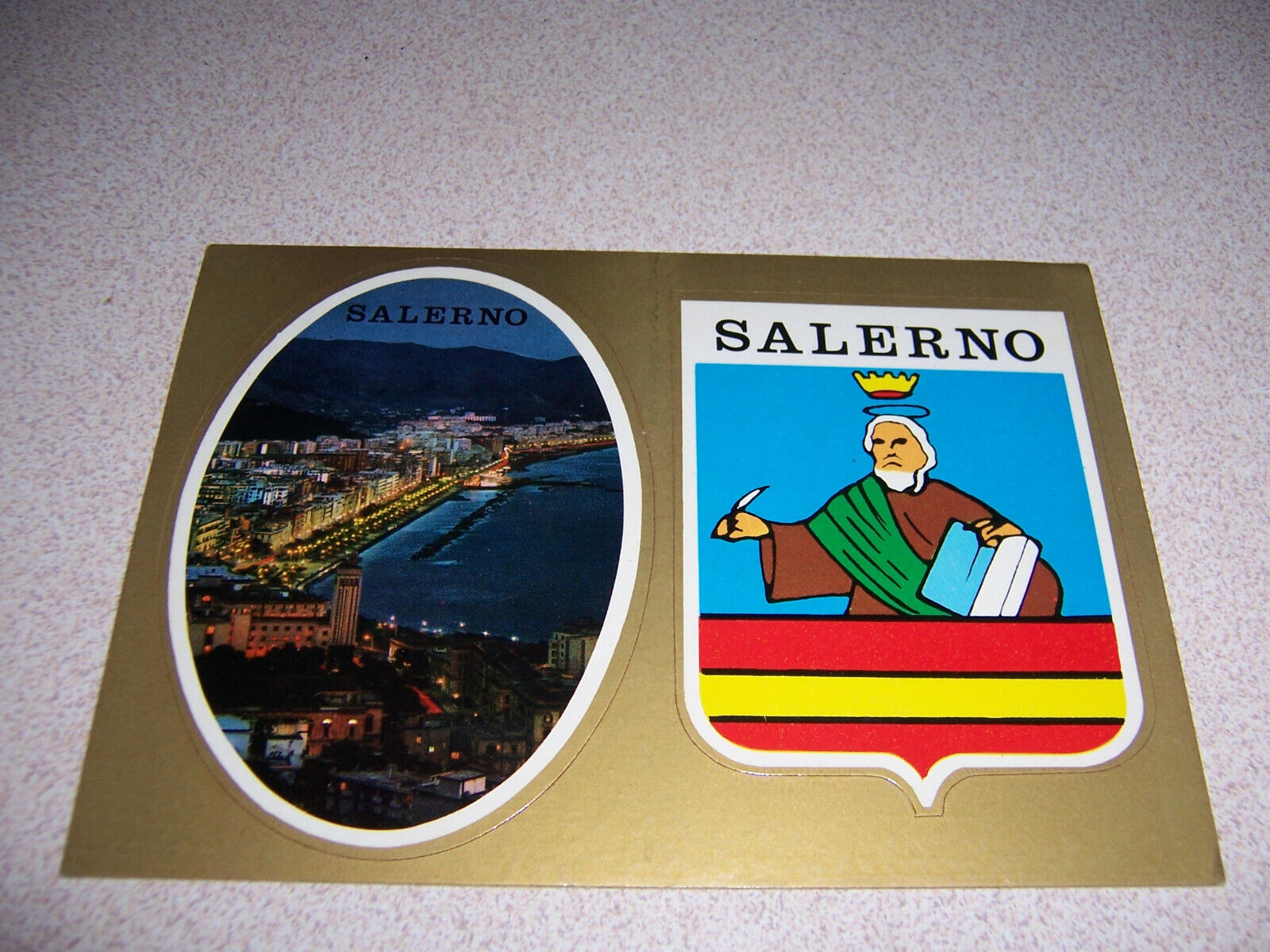 1970s SALERNO ITALY, VTG UNUSED POSTCARD w/ 2 DECAL STICKERS
