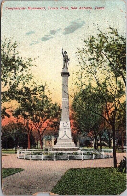 Vintage 1908 SAN ANTONIO, Texas Postcard Civil War Monument in TRAVIS PARK