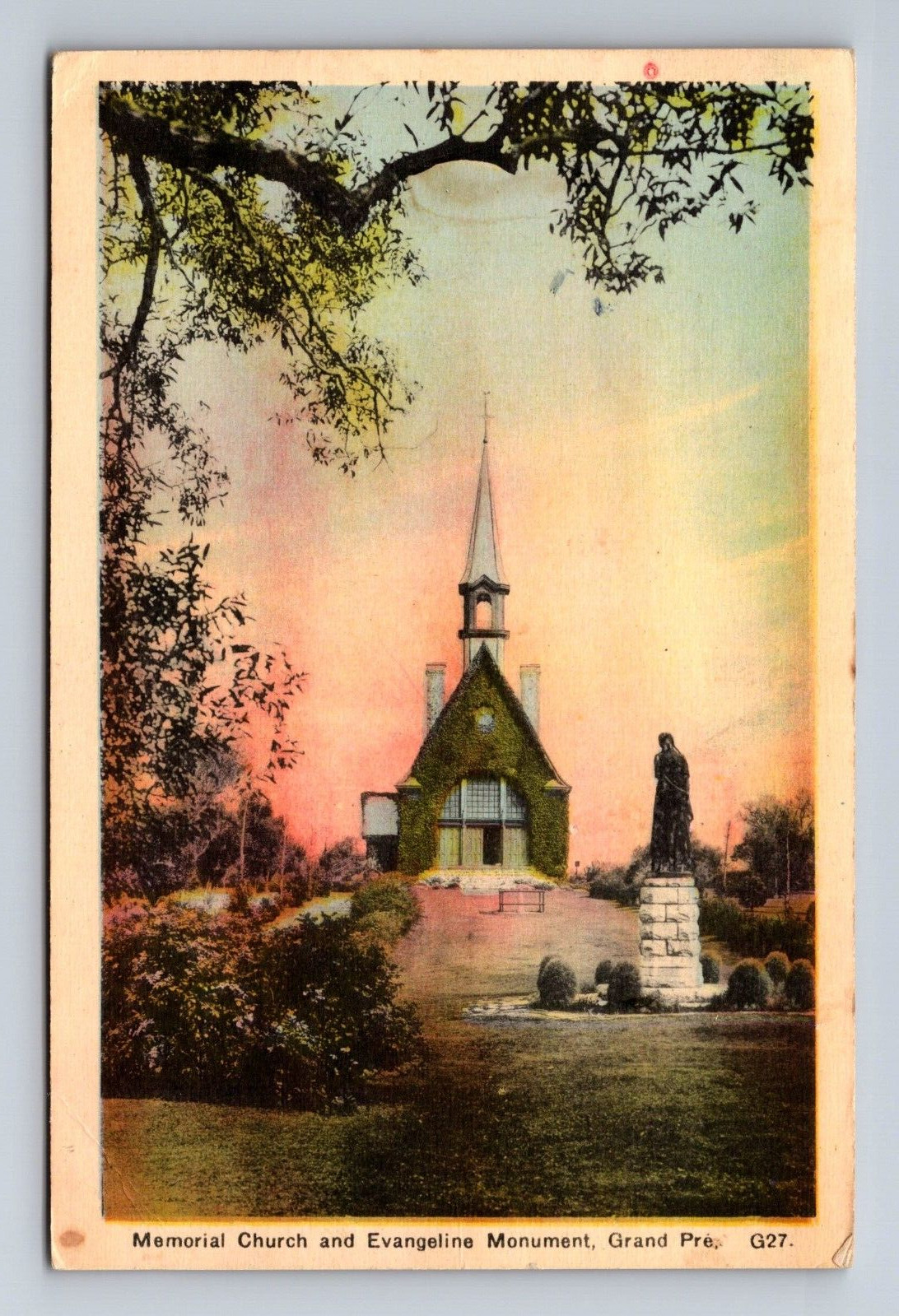 Memorial Church and Evangeline Monument Grand Pre Nova Scotia Postcard c1941