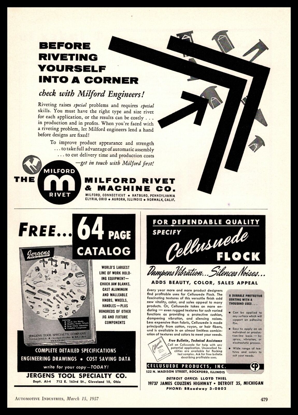 1957 Milford Rivet & Machine Hatboro PA Elyria OH Norwalk CA Aurora IL Print Ad