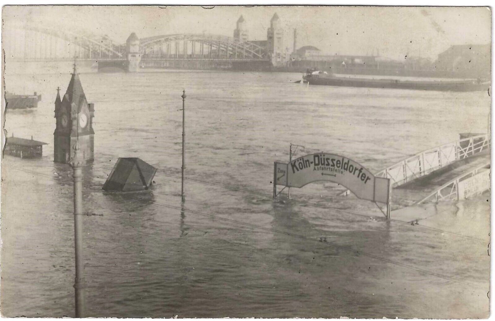 Rhine River Flood Scene, RPCC, with Koln Dusseldorfer Dock Sign, Cologne Germany