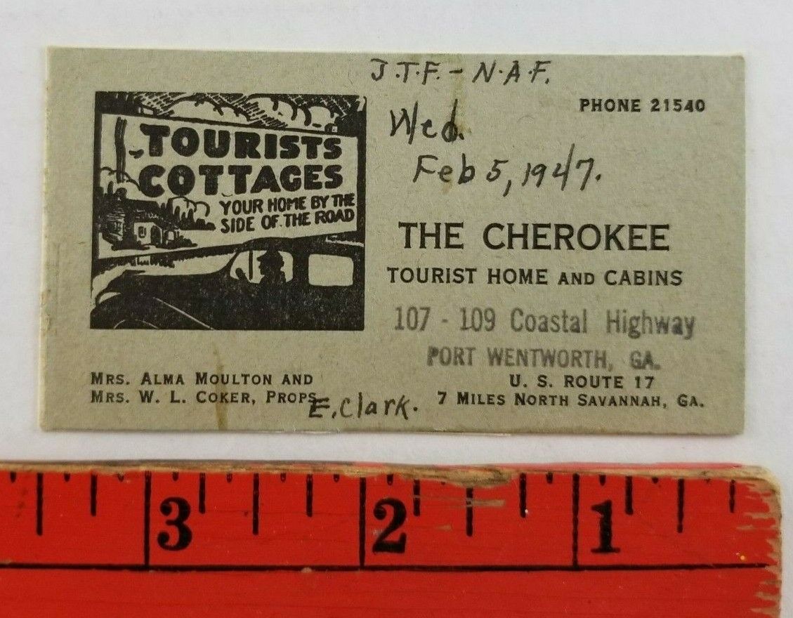 Vintage 1947 The Cherokee Cabins Port Wentworth Georgia Business Card