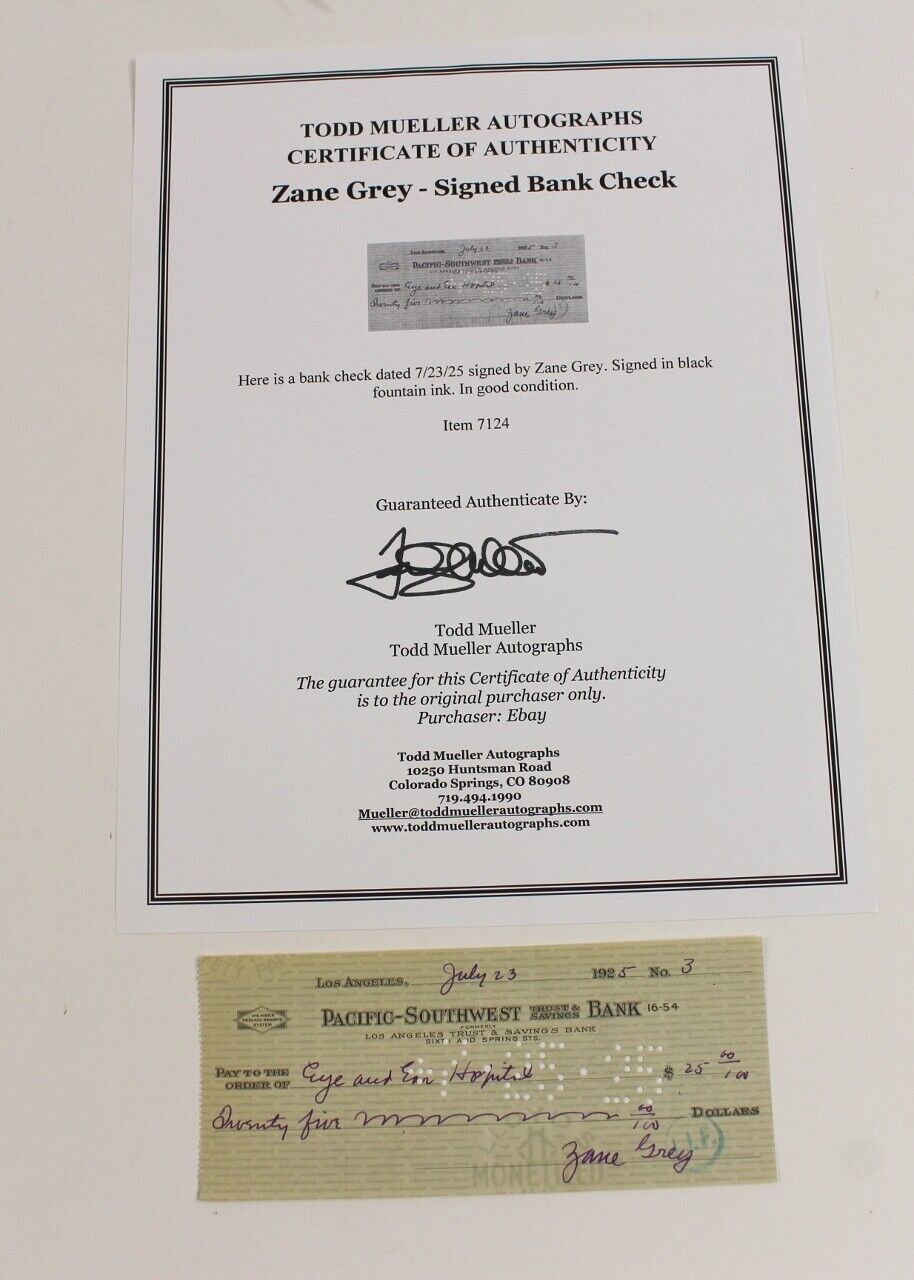 VTG Western Author Novelist Zane Grey Autograph Signed Bank Check COA 1925