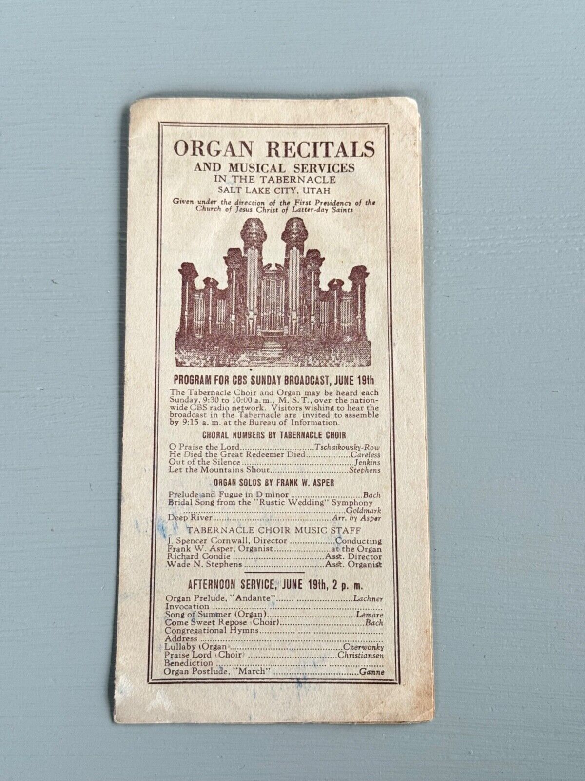Vintage Program Organ Recitals Tabernacle Salt Lake City Utah Morman 1938