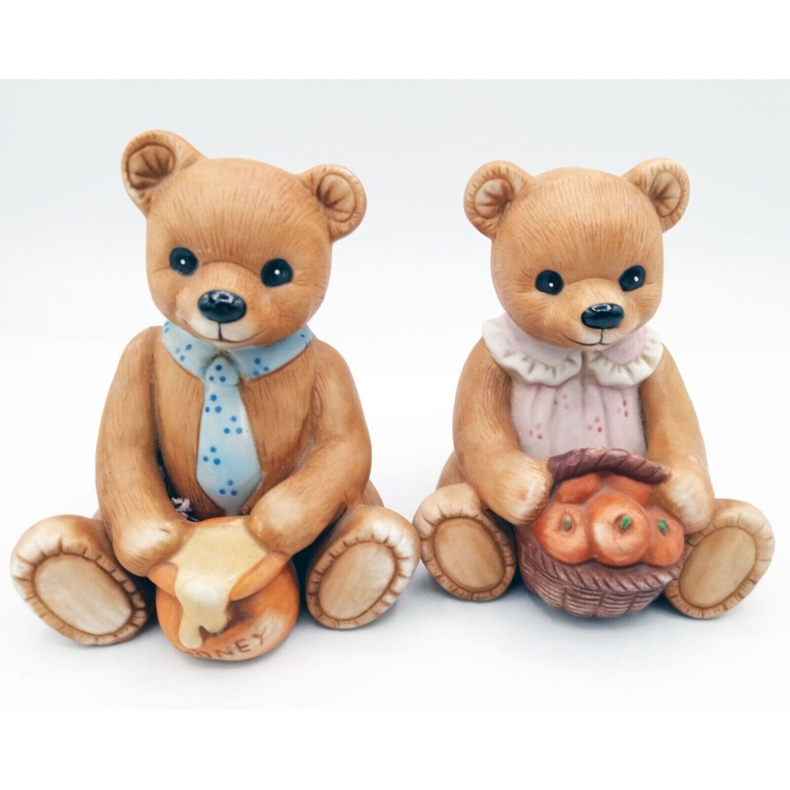 Set of 2 Homco Bears Mama with Apples Papa with a Honey Pot 4 inches Vintage 80s