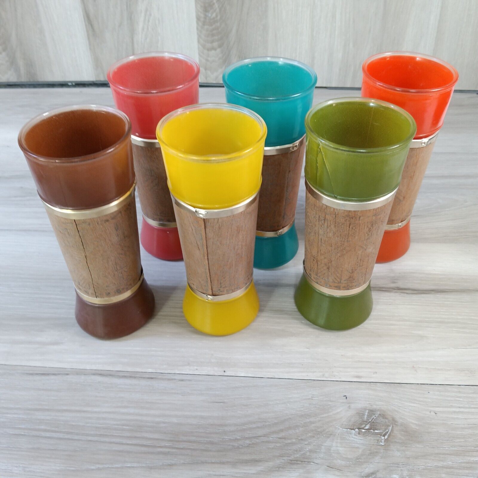 6 VTG Siesta Ware Tiki Bar Glass Frosted Multiple Color Wood Wrapped Numbered