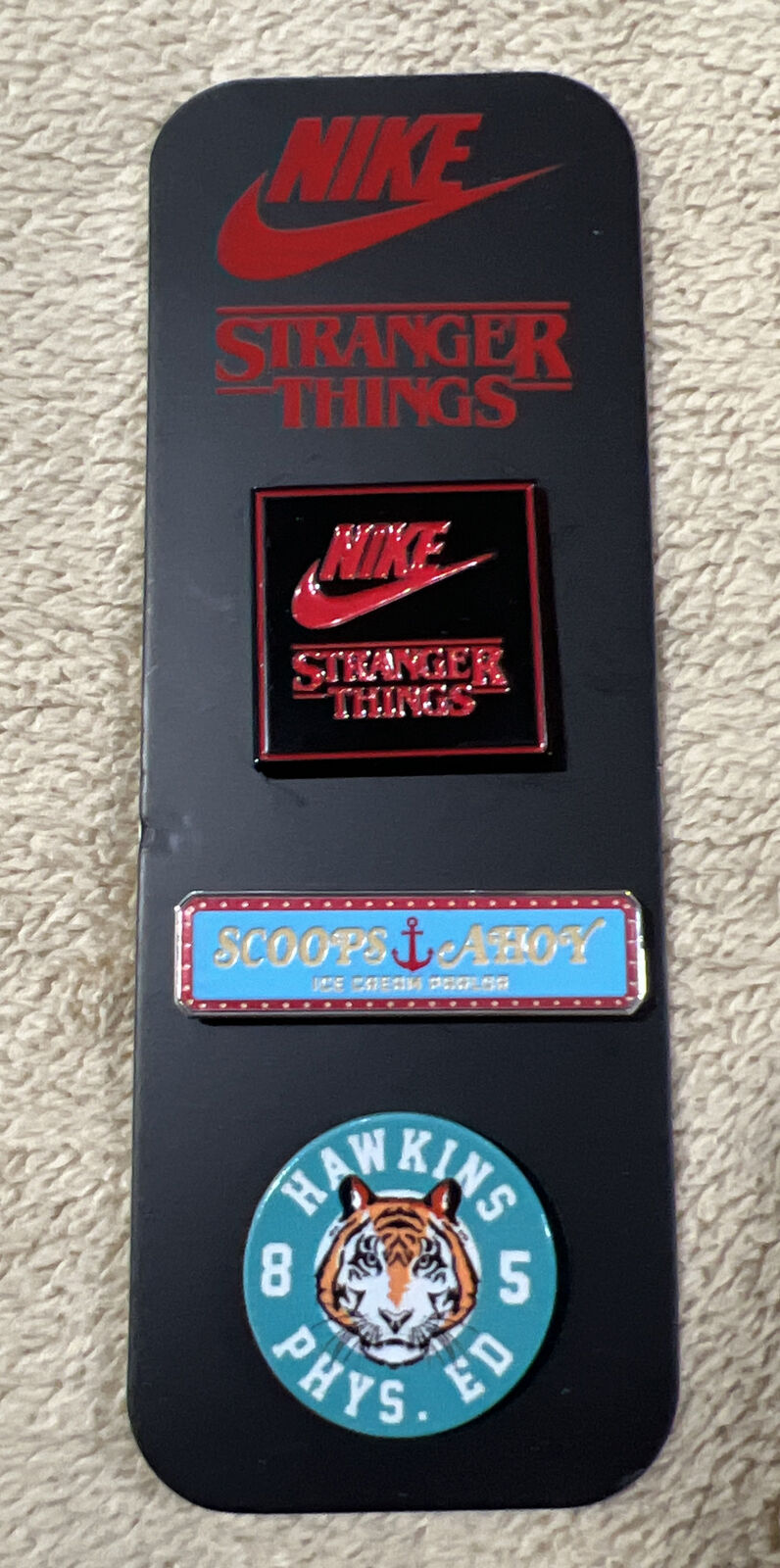 New Nike Stranger Things Enamel 3 Pins Set Scoops Ahoy Hawkins High Tigers