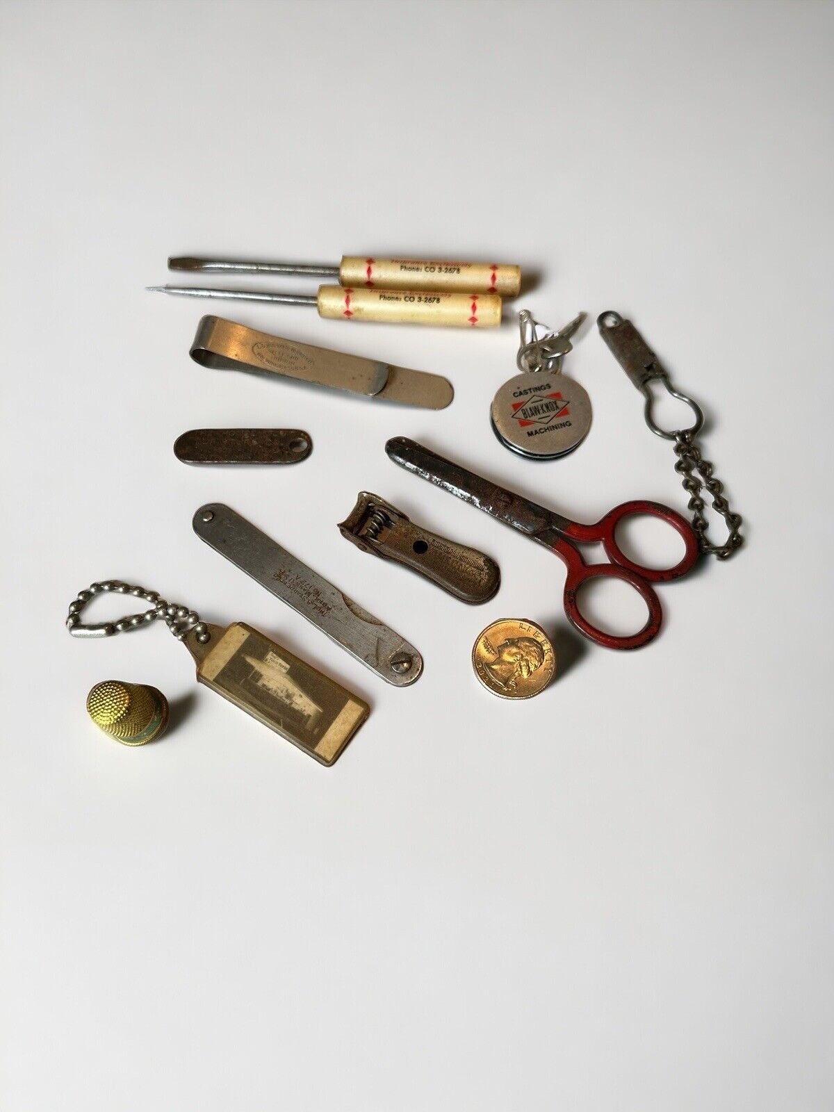 antique vintage junk drawer lot Small Clippers, Key Chains, Pocket Knife Etc