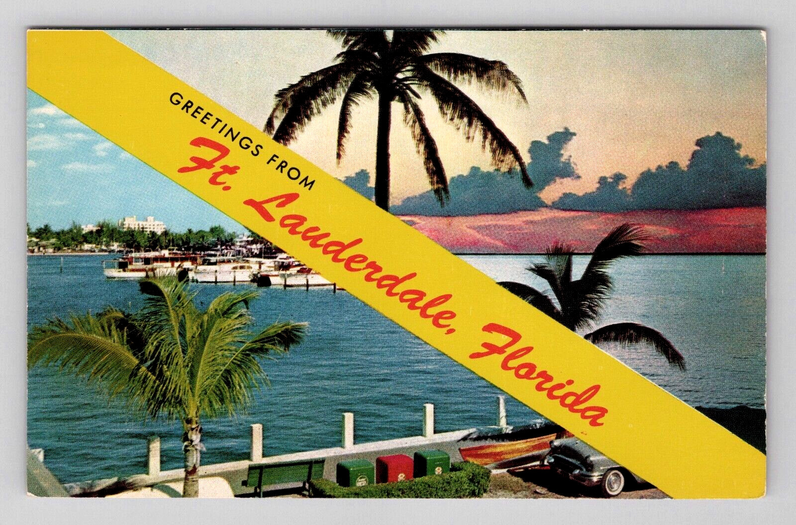 Postcard FL Greetings Banner Boats Palm Trees Sunset View Ft Lauderdale Florida