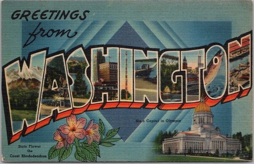 c1940s WASHINGTON Linen Greetings Postcard Large Letter / State Capitol & Flower