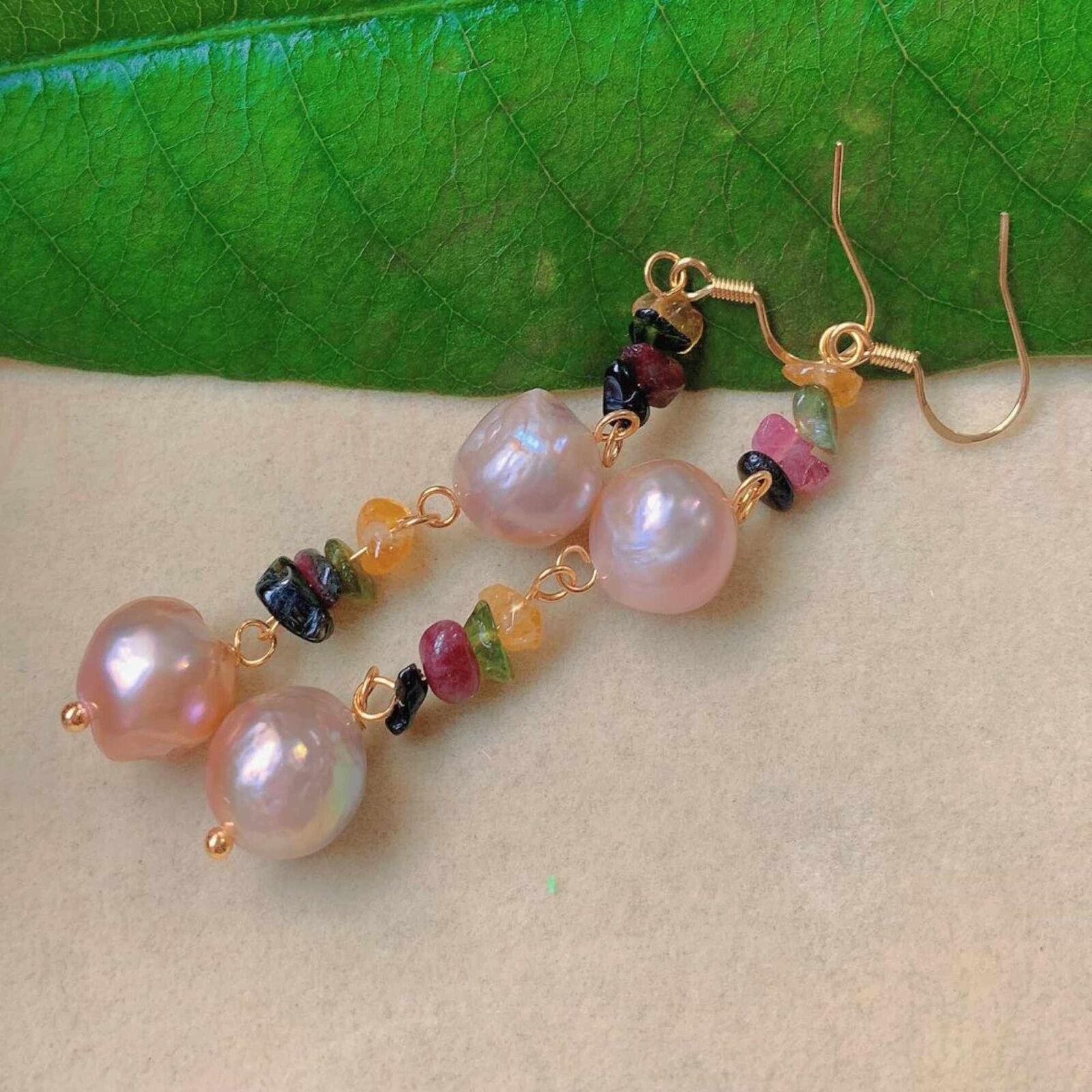 10-11mm Natural baroque pink Pearl Tourmaline gold ear hook Ear stud Jewelry