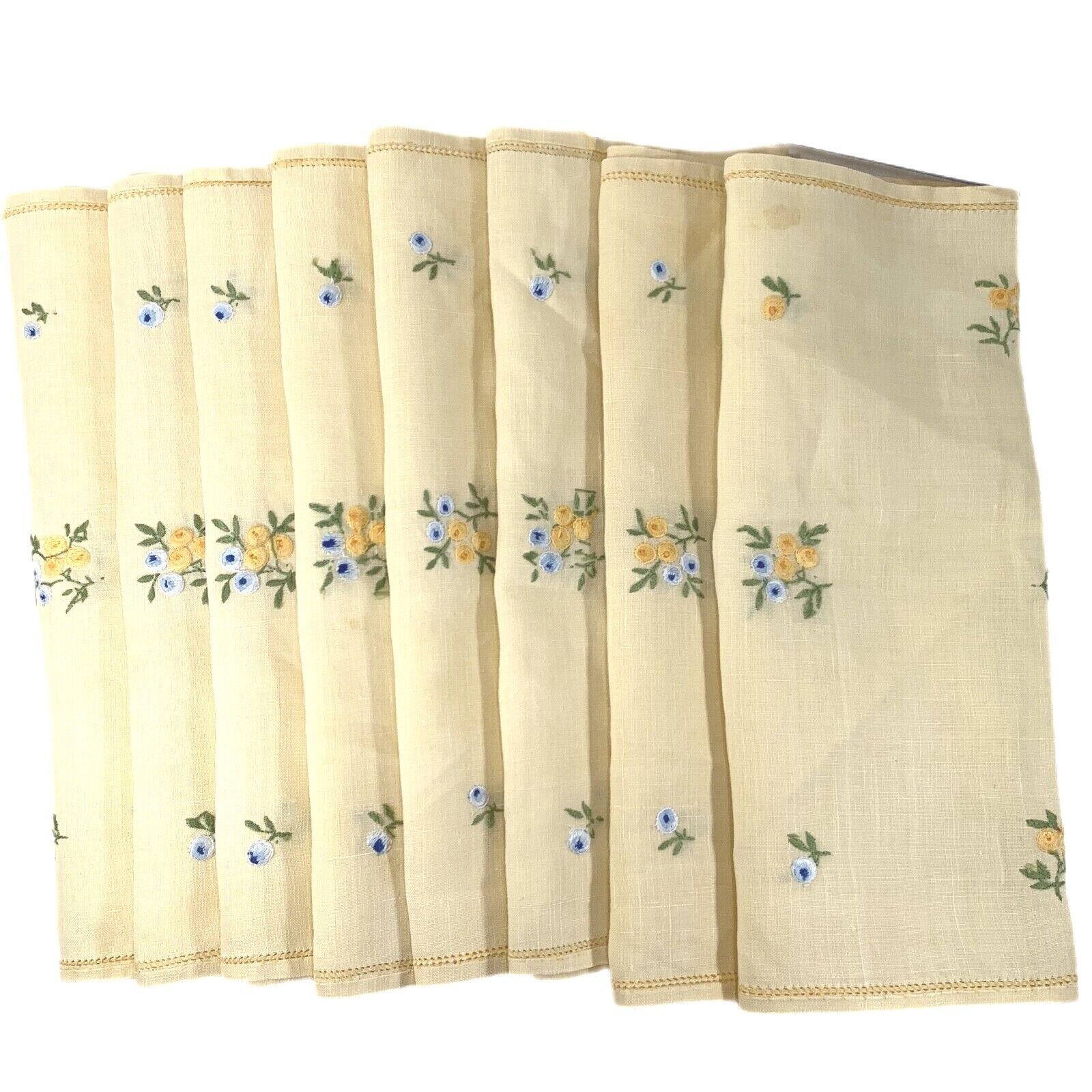 Vintage Set of 8 PLACEMATS Embroidered Table Runner Handmade Yellow Floral 9 pcs