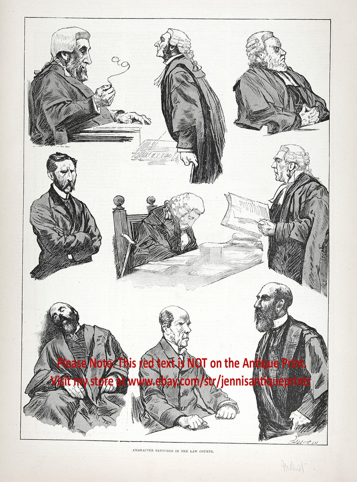 London Law Courts Judge Barrister Defendant, Large 1880s Antique Print & Article