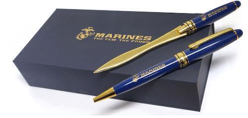 US Marines USMC Ballpoint Pen and Letter Opener Gift Set Unique Gold Cross Style