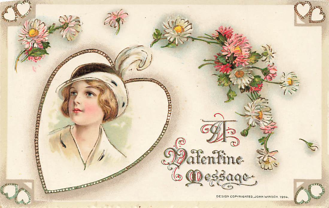 1914 John Winsch Schmucker Lovely Young Woman Heart Gel Valentines Day P467
