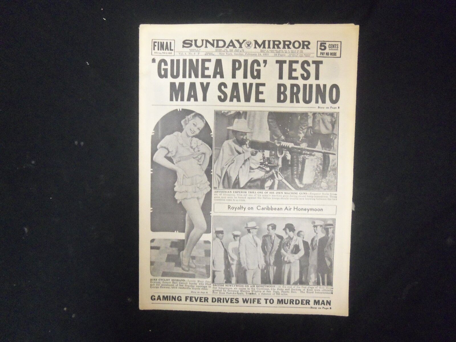 1935 FEB 24 NEW YORK SUNDAY MIRROR - \'GUINEA PIG\' TEST MAY SAVE BRUNO - NP 2316