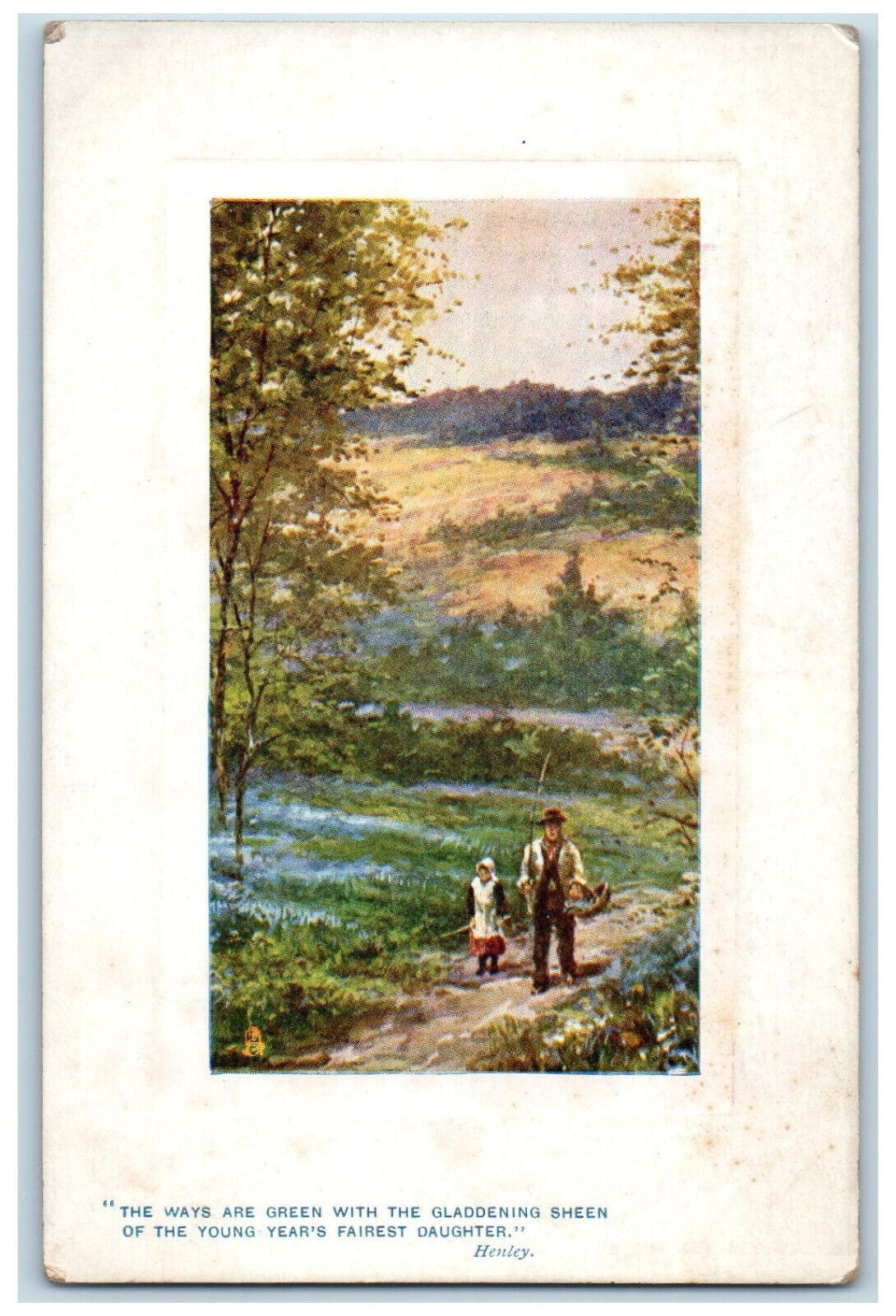 c1910 Father and Daughter Fishing Through Woods Oilette Tuck Art Postcard