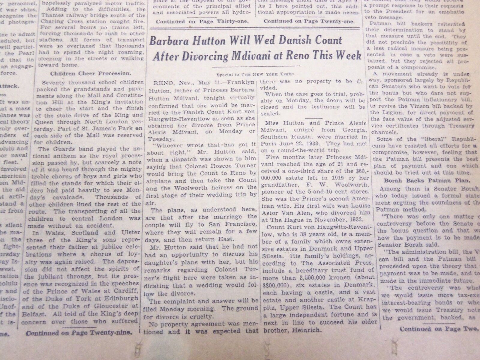 1935 MAY 12 NEW YORK TIMES - BARBARA HUTTON WILL WED DANISH COUNT - NT 4840