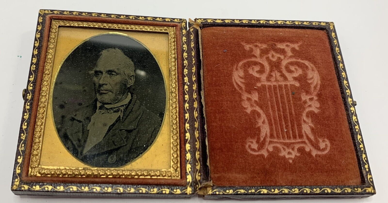 Antique Daguerreotype Wood & Embossed Leather Case - Important Looking Gentleman