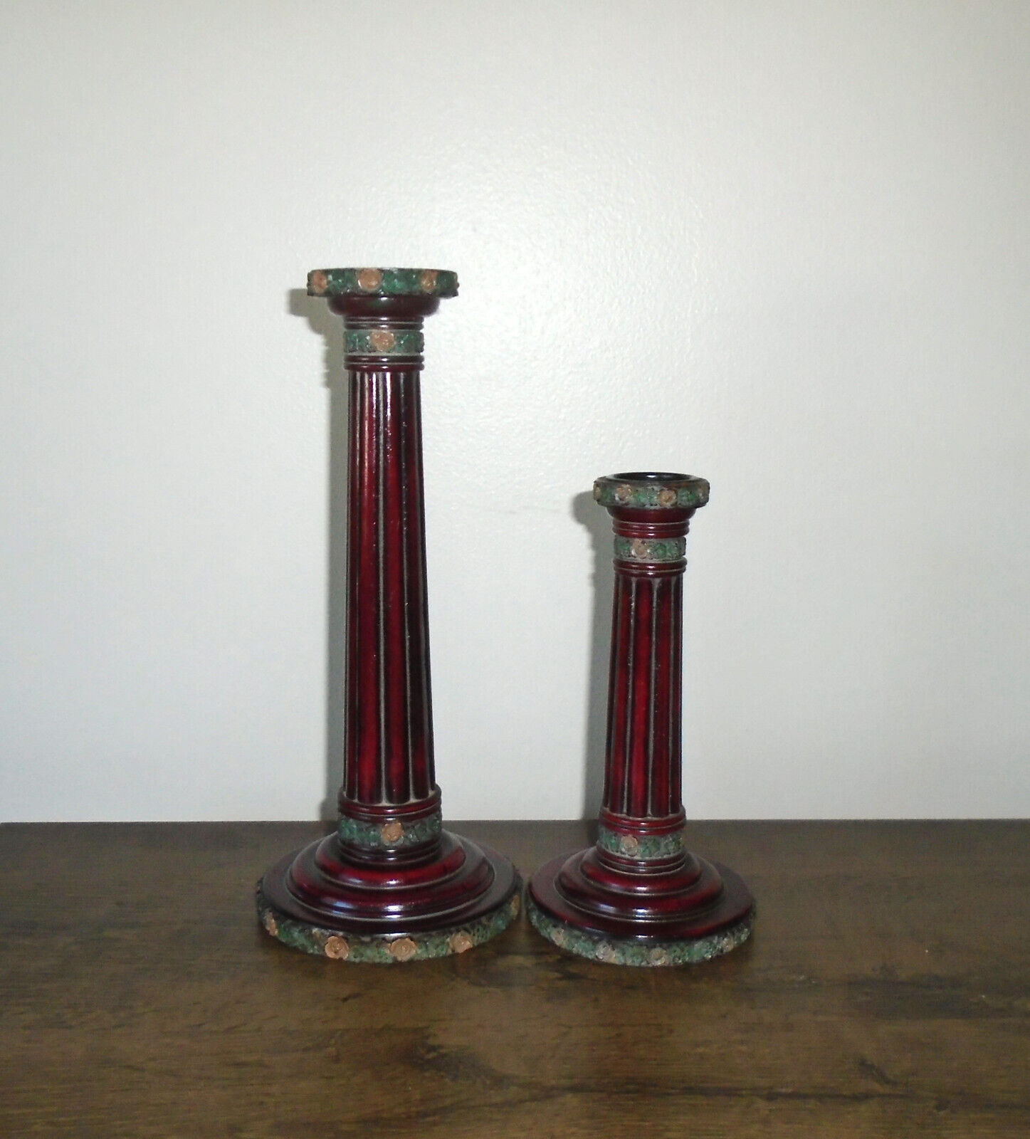 Maitland Smith Wood Candlesticks Holders Pair Rose Accents Vintage 1980s