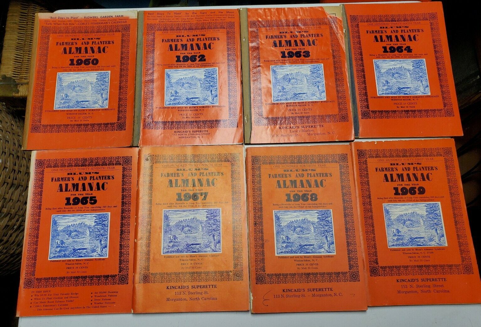 Lot of 8 1960-69 Blum\'s Farmers Almanacs 5 Kincaid\'s Superette Morganton, N.C.