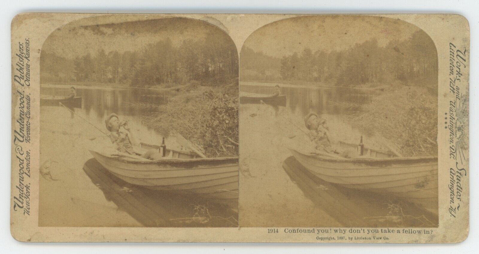 1897 Underwood Real Photo Humorous Stereoview Man Getting Drunk in Fishing Boat