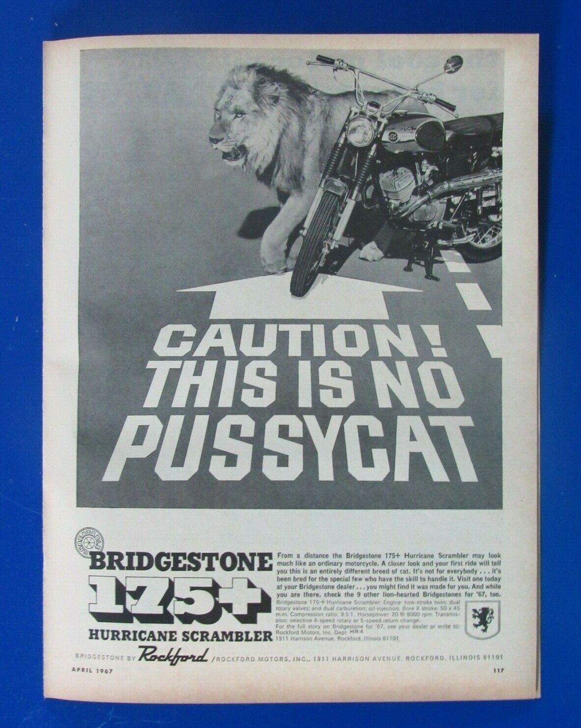1967 Bridgestone 175+ Caution This Is No Pussycat Original Print Ad 8.5 x 11\