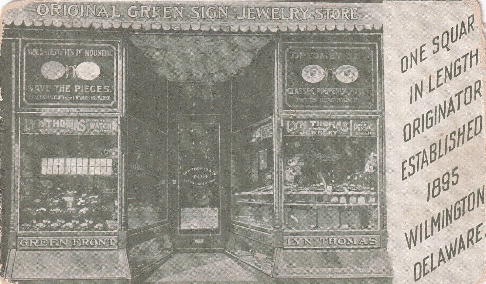 Original Green Sign Jewelry Store Store Front  Wilmington Delaware Postcard