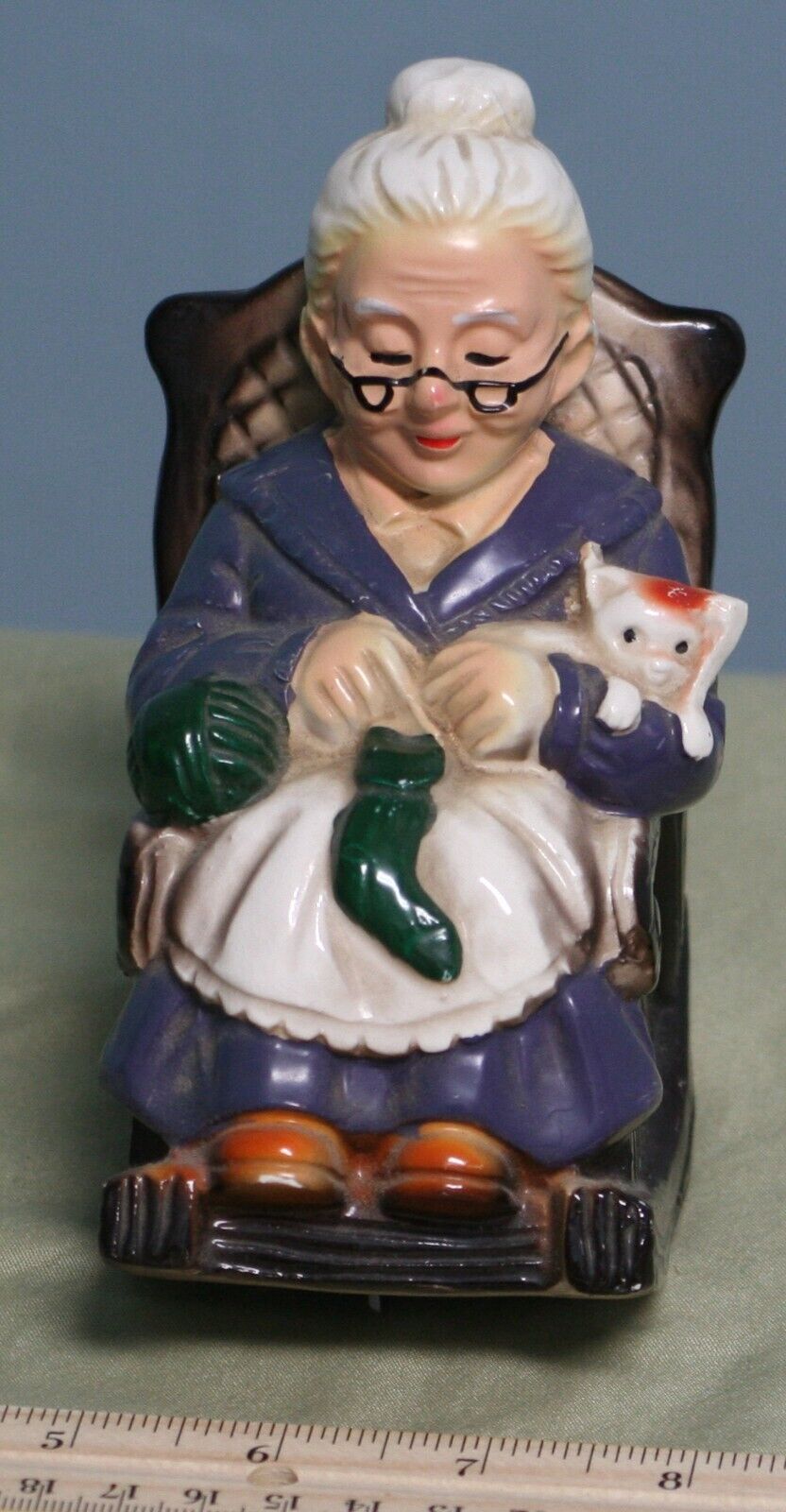 Vintage Grandma w cat in rocking chair coin bank