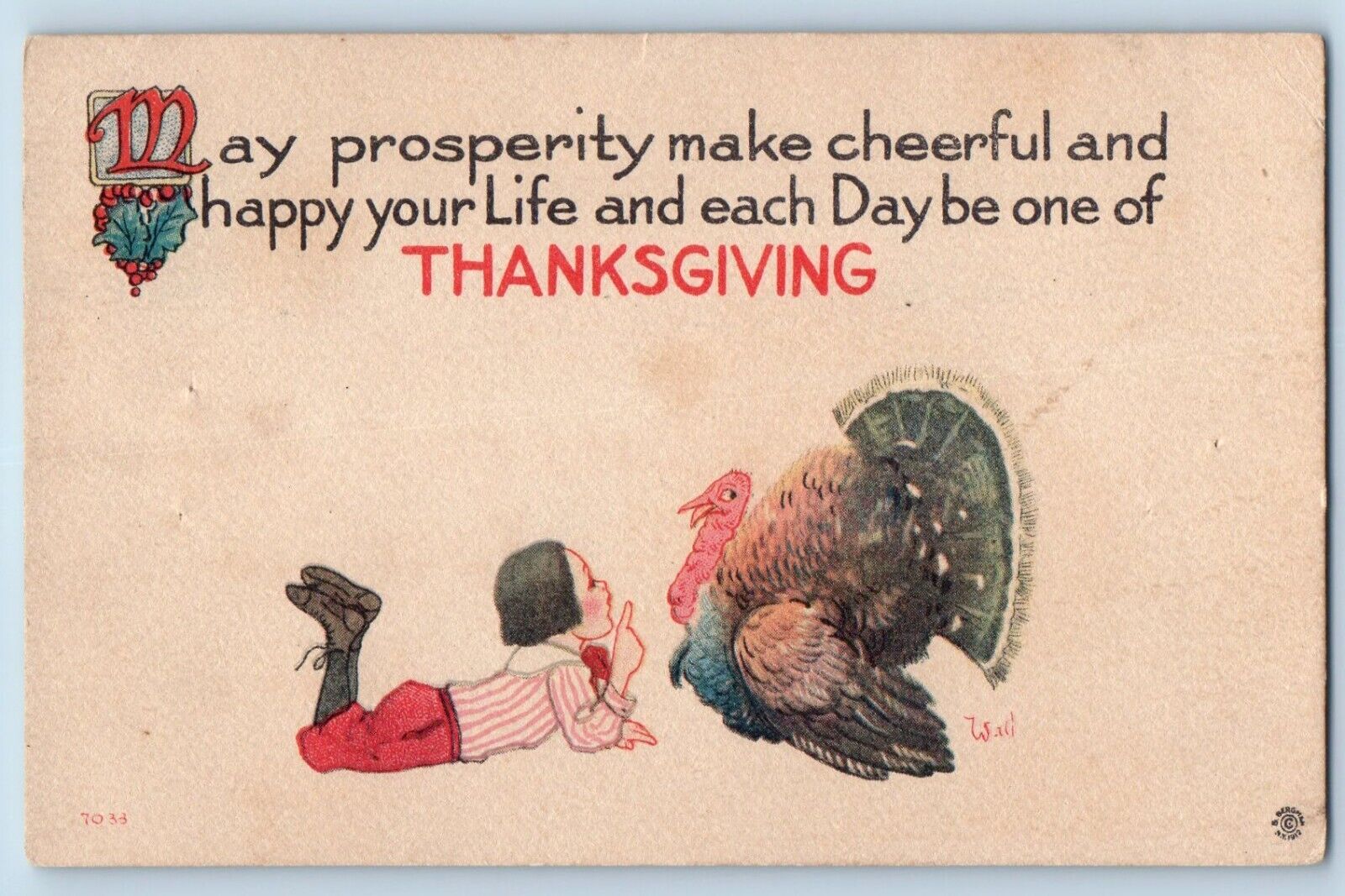 Wall Signed Artist Postcard Thanksgiving Boy Turkey Troy Ohio OH 1922 Vintage