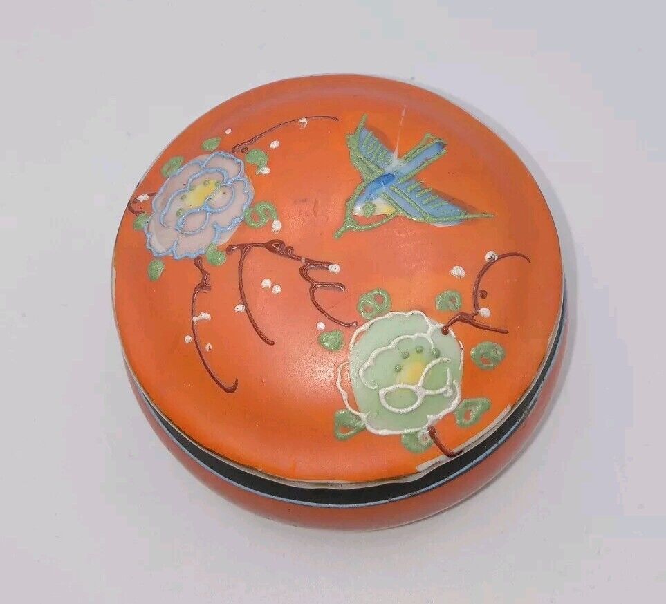 Vintage Japan Orange Moriage Flower Bird Trinket Box