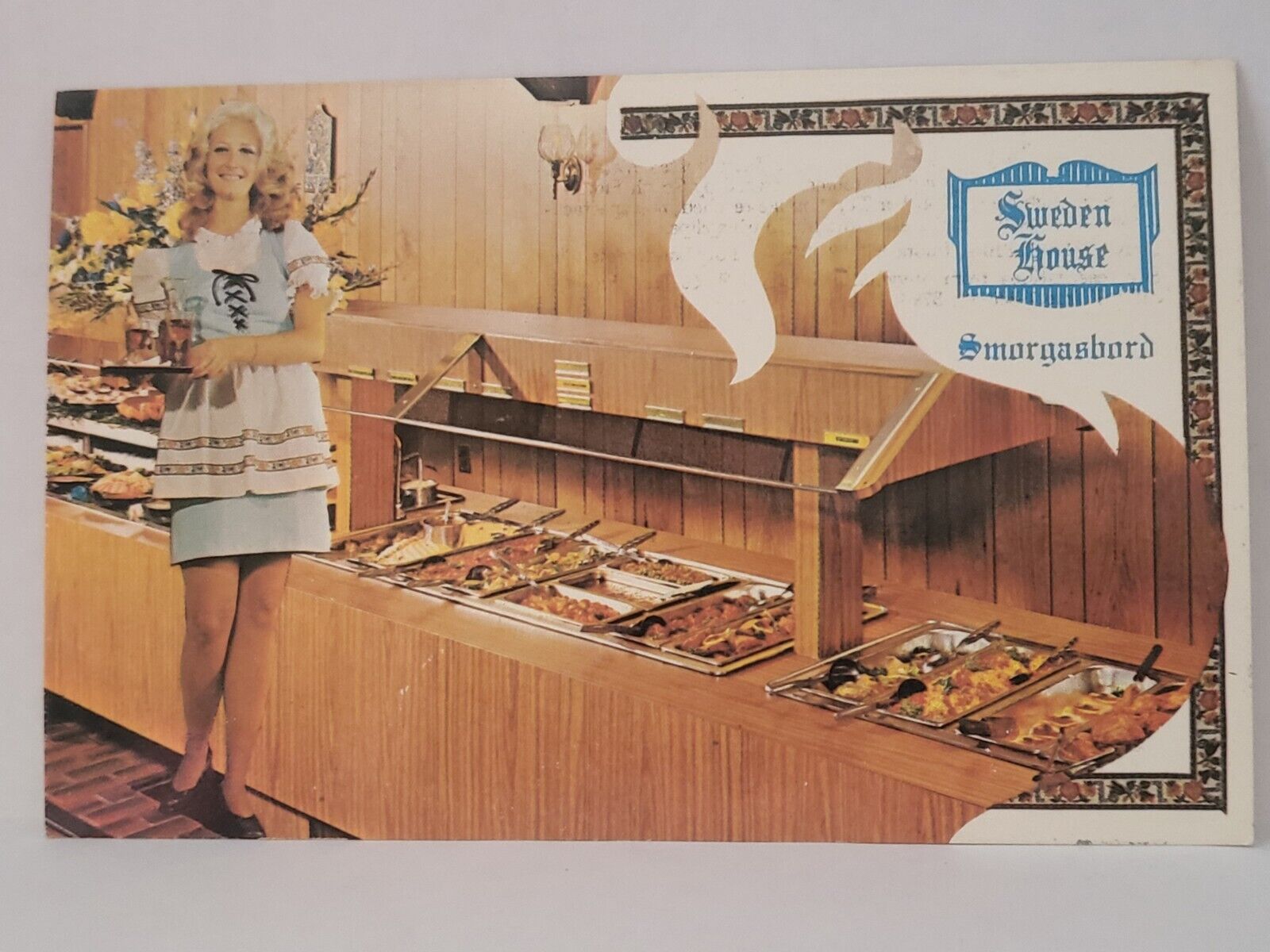Postcard Advertising Miami Florida Sweden House Smorgasbord Pretty Waitress