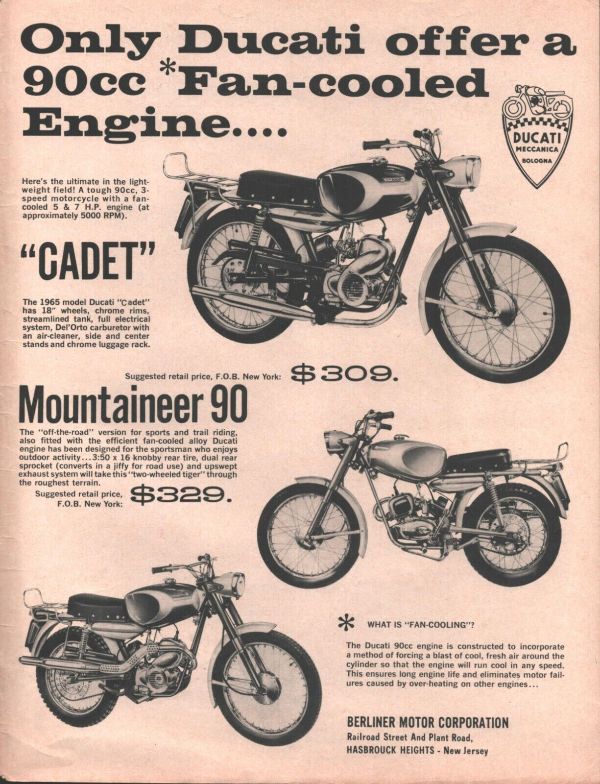 1964 Ducati Meccania Bologna Cadet & Mountaineer 90 - Vintage Motorcycle Ad