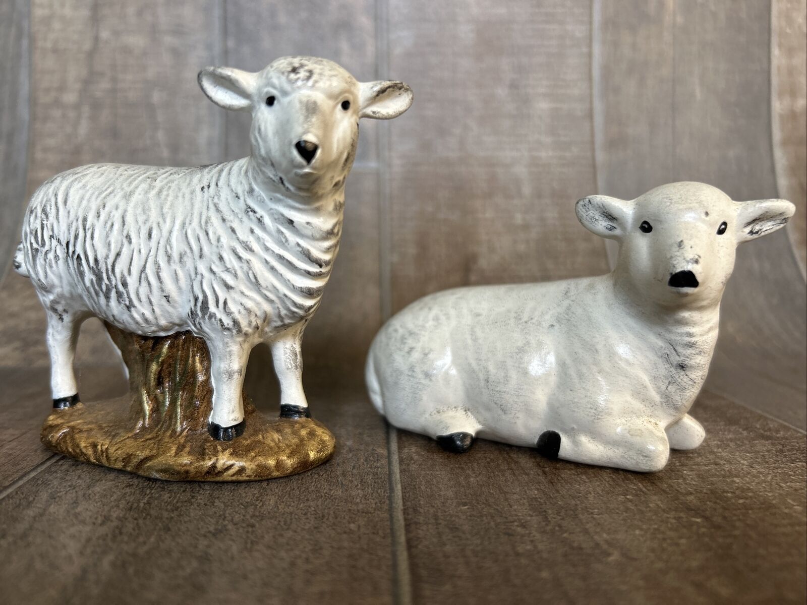 Vintage Holland Mold Nativity Sheep Painted Set of 2 White Standing Laying