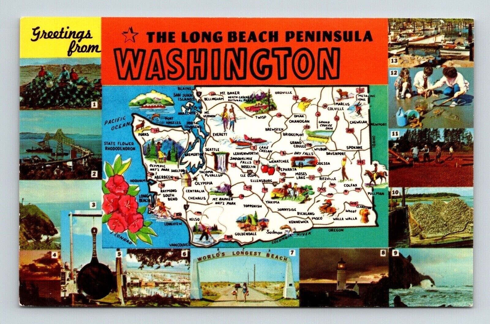 Greetings Washington Long Beach Peninsula State Map Multi View Chrome Postcard