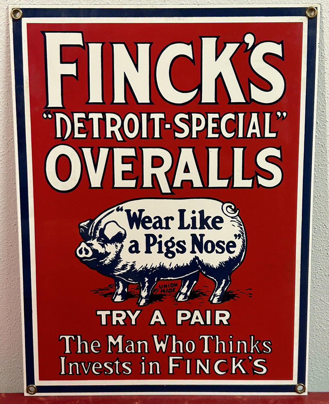 Vintage Finck's Overalls Detroit Special Porcelain Enamel Metal Sign