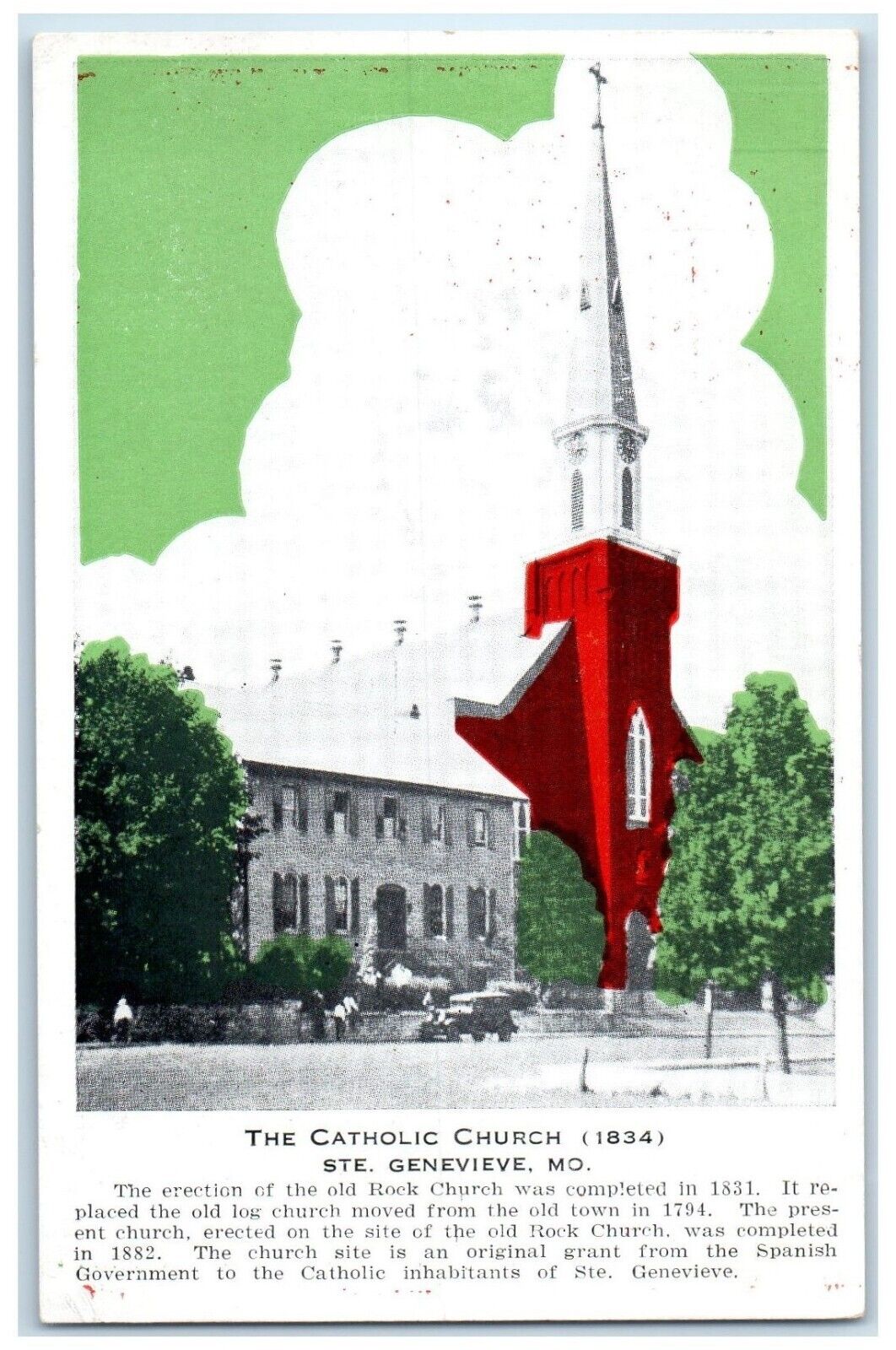c1940 Catholic Church Spanish Government Street Ste. Genevieve Missouri Postcard