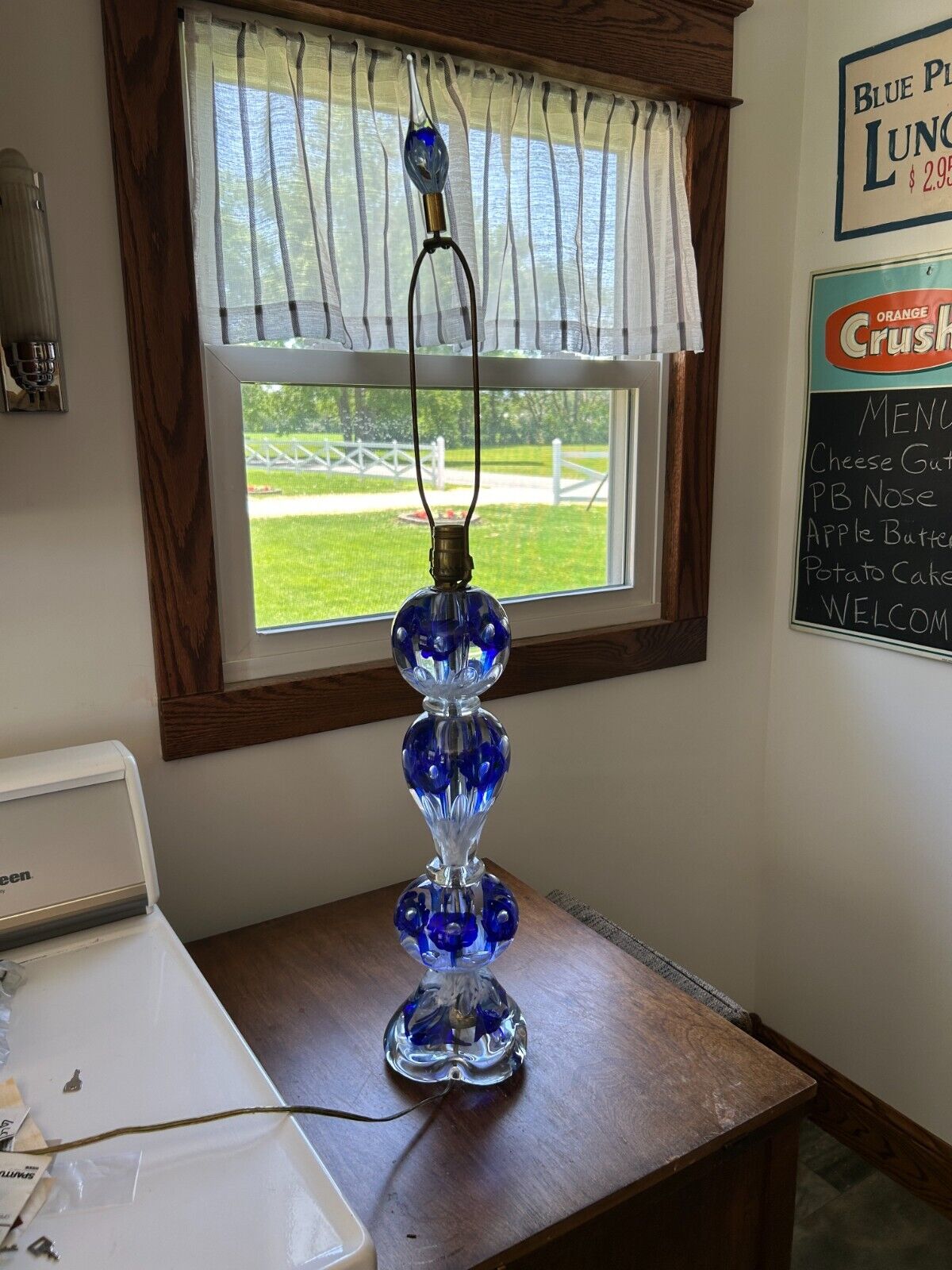 Vintage St. Clair Gibson Glass Lamp Blue w Glass Finial Elwood Indiana - Heavy