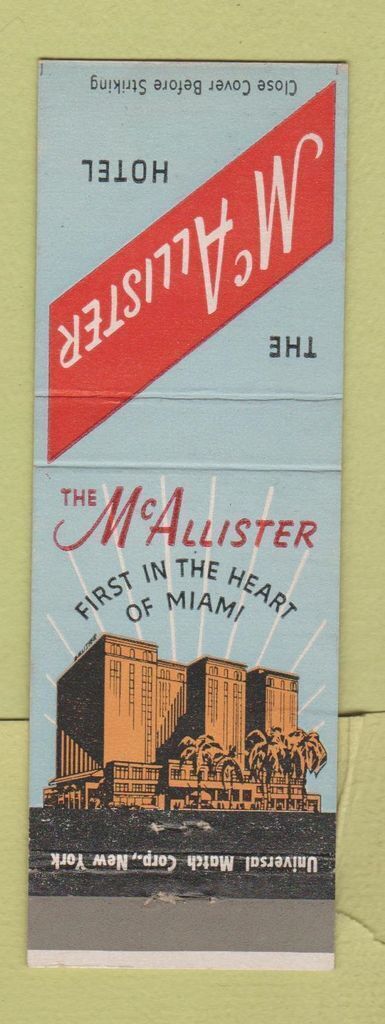Matchbook Cover - McAllister Hotel Miami FL #2