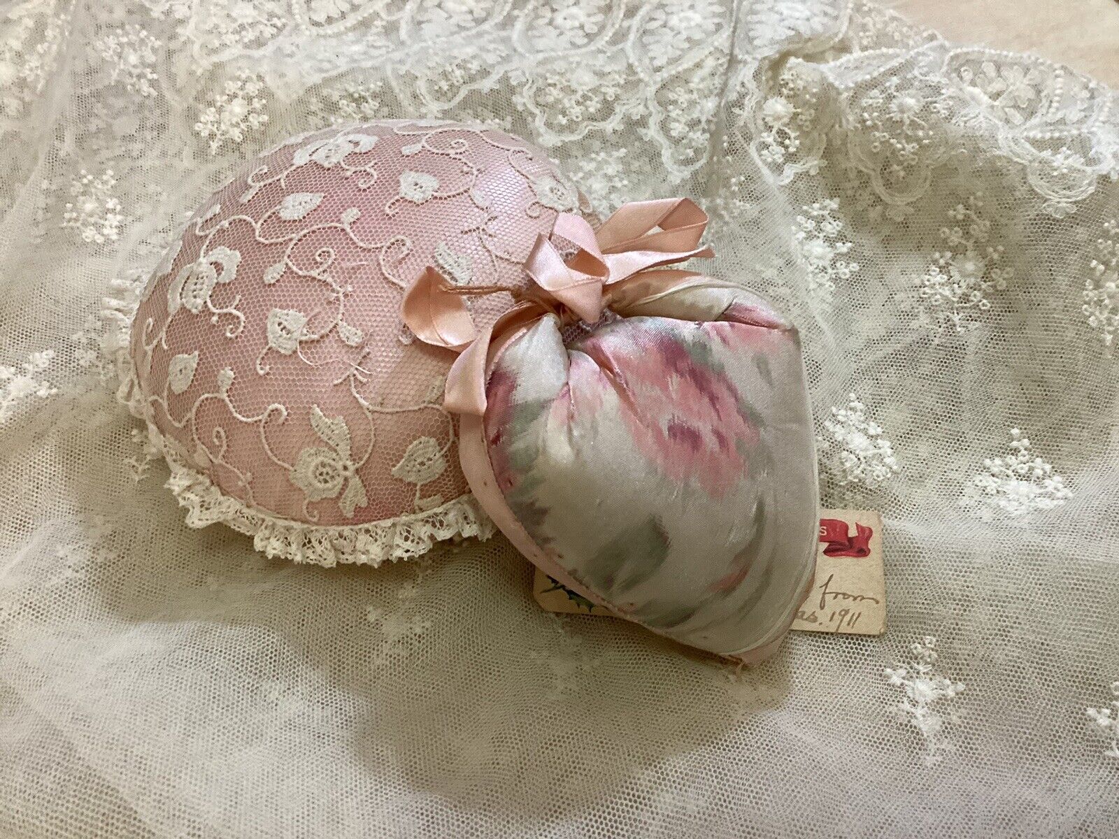 2 Antique Vintage Pink Lace Satin Pin Cushions
