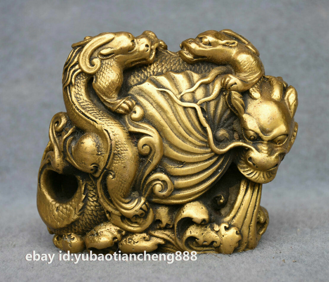 9CM Chinese Folk FengShui Brass 12 Zodiac Year Dragon Chi long God Beast Statue