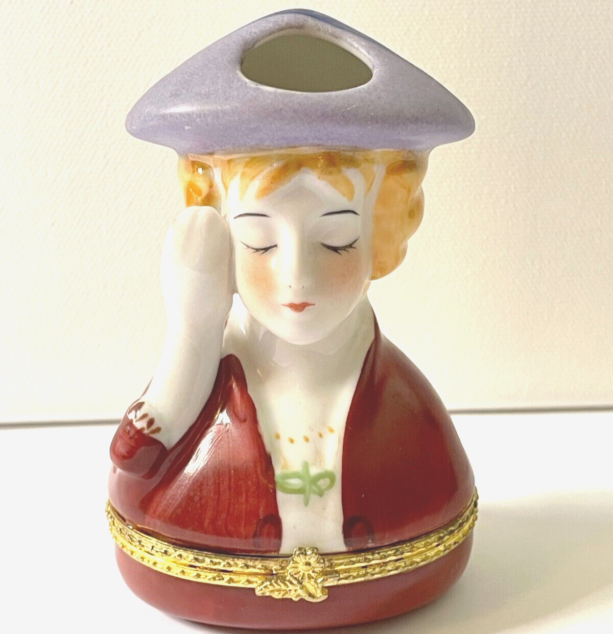 VTG Lady Head Vase / Trinket Box Hinged Red White Blue Porcelain No Chips JCS
