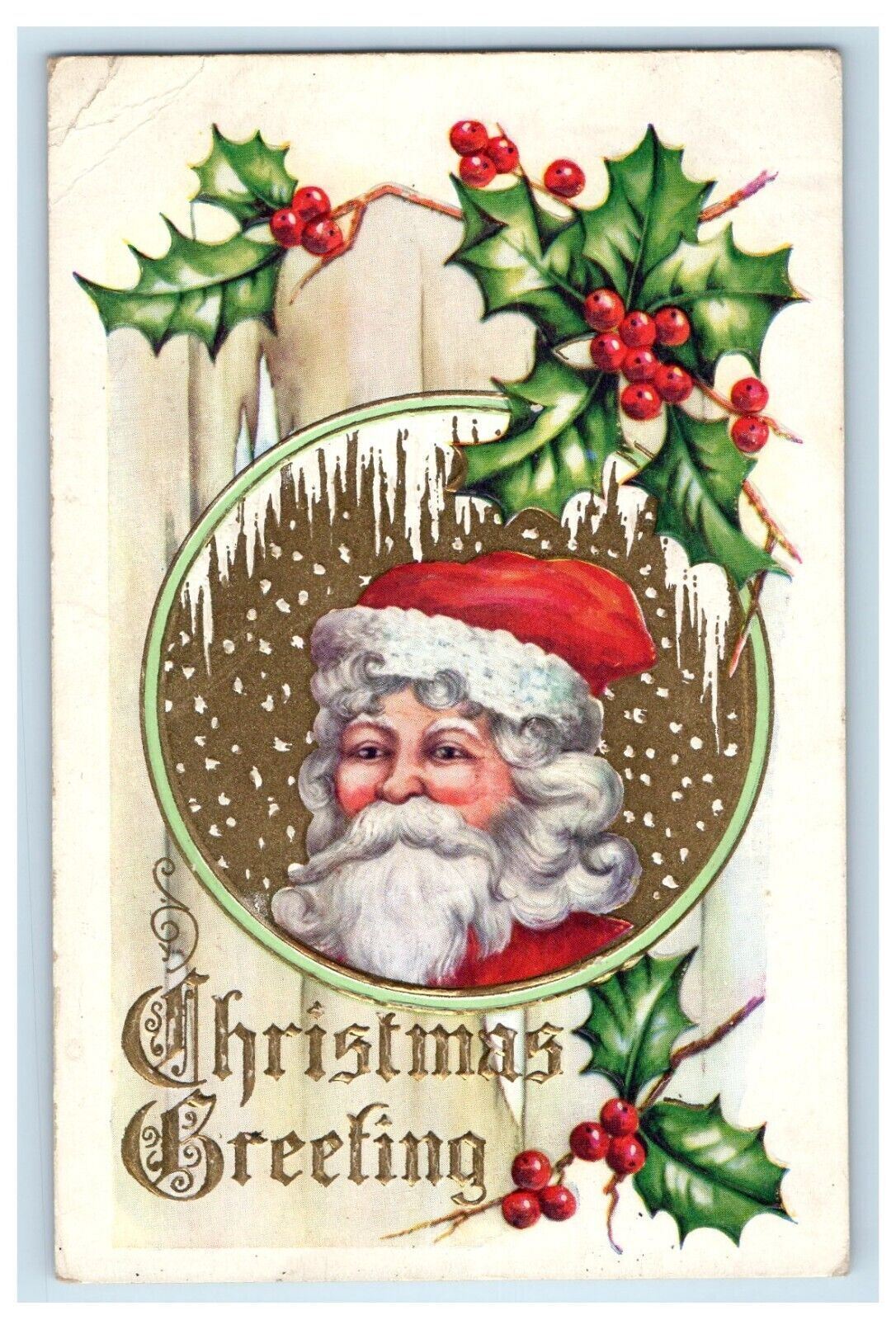 c1910's Christmas Greetings Santa Claus Winter Snow Holly Berries Postcard