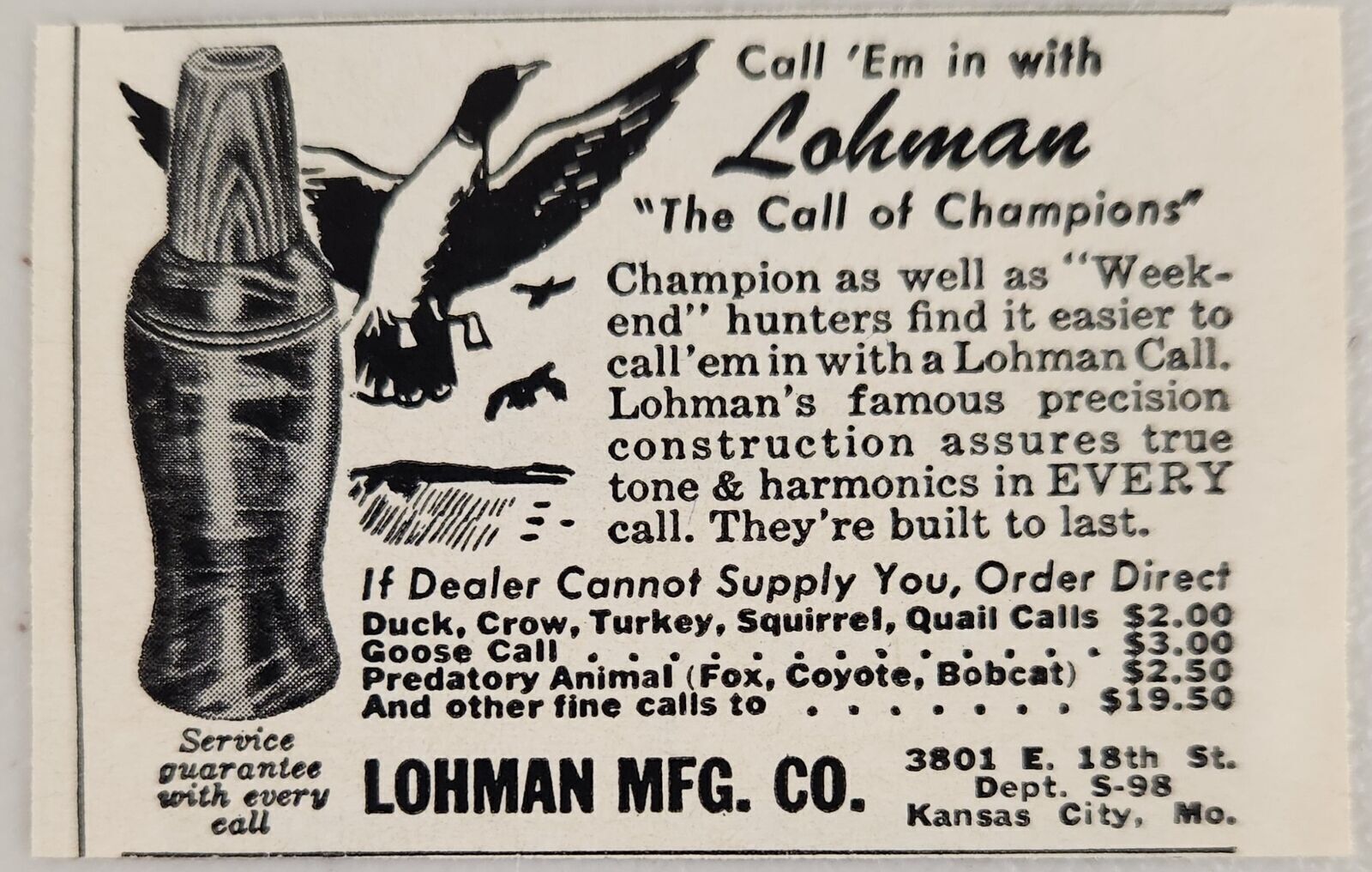 1958 Print Ad Lohman Game Calls Duck,Crow,Turkey & Goose Kansas City,MO