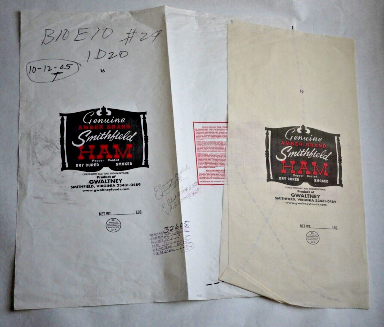 PAIR  Vintage Paper / Cloth Bags - AMBER BRAND HAM, GWALTNEY, SMITHFIELD VA 2005