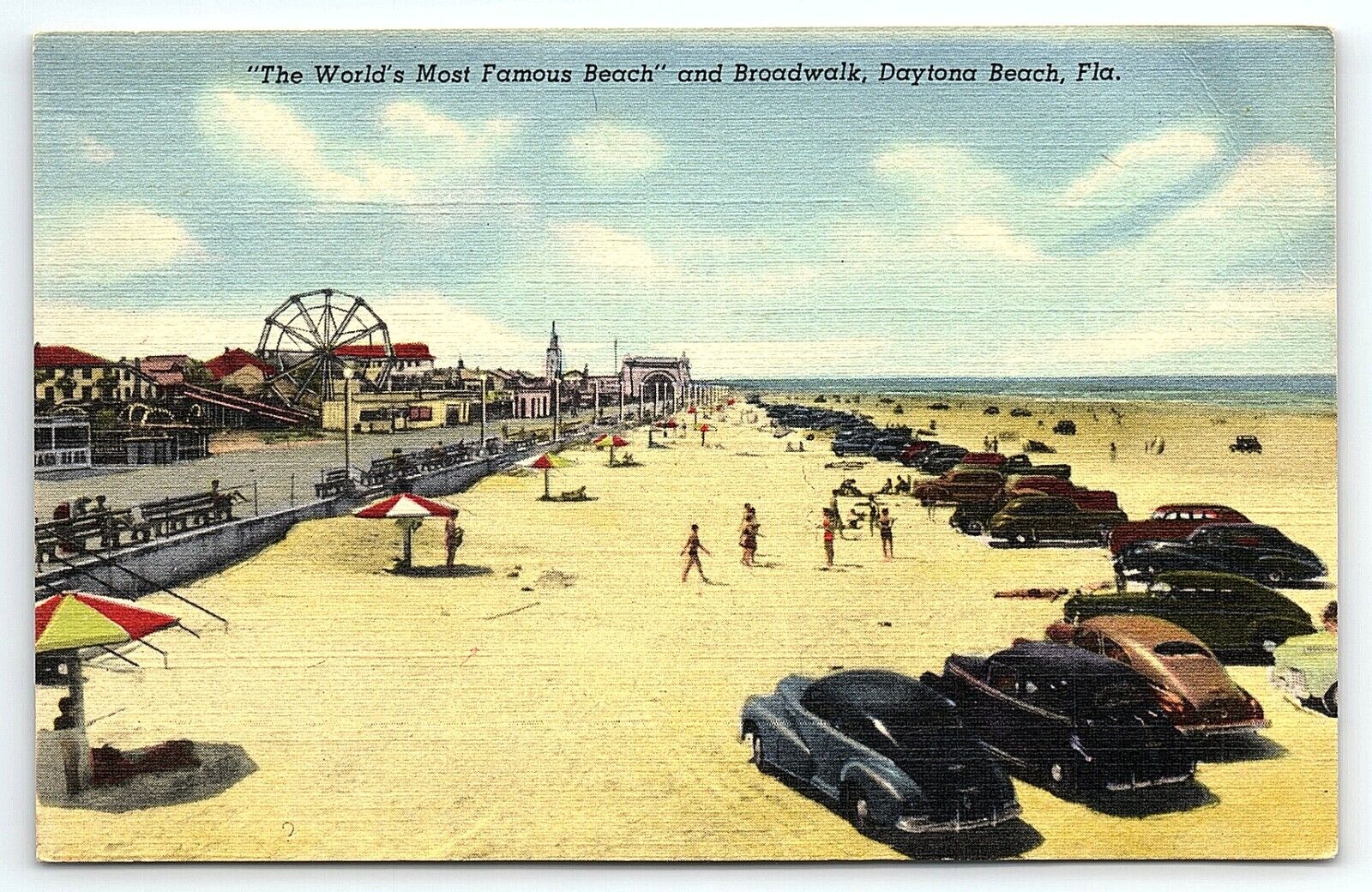 1940s DAYTONA BEACH FL BOARDWALK AMUSEMENT PARK CARS UMBRELLAS  POSTCARD P2411