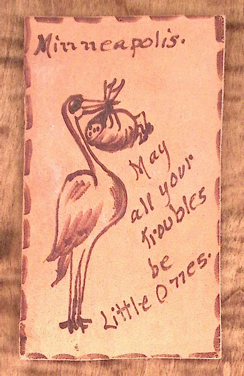 1905 MINNEAOLIS MN STORK BABY MAY ALL TROUBLES BE LITTLE LEATHER POSTCARD P2561